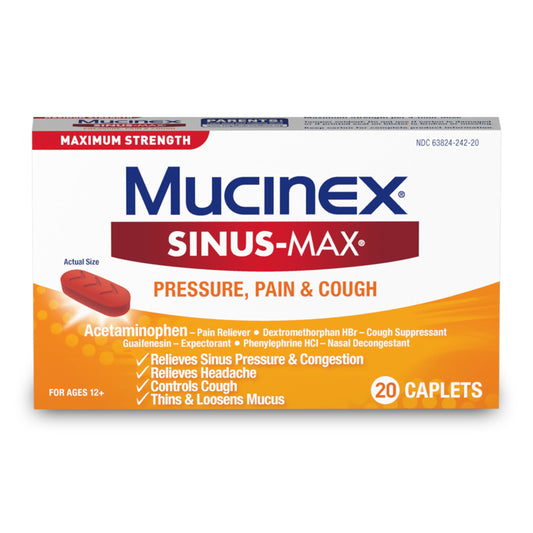Mucinex Sinus-Max caplets bottle front shows congestion relief