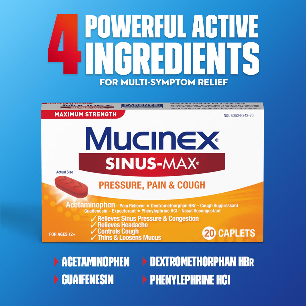 Mucinex Sinus-Max congestion relief tablets shown with clear labeling for easy decisions