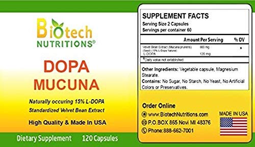 Dopa Mucuna 15% L-Dopa capsules (Mucuna pruriens) close-up view