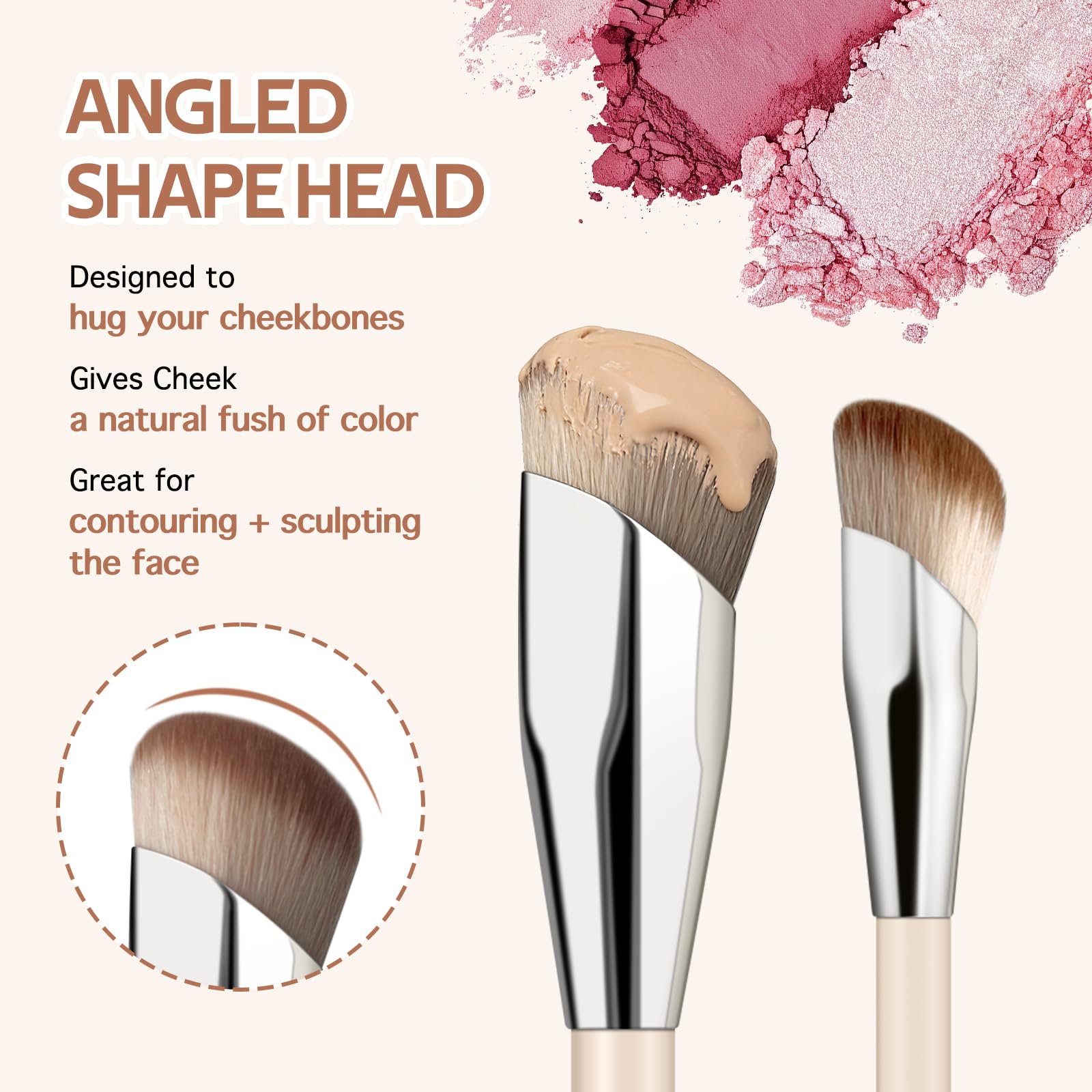MUIIGOOD angled blush brush demonstrates sculpted cheek application for a natural look.