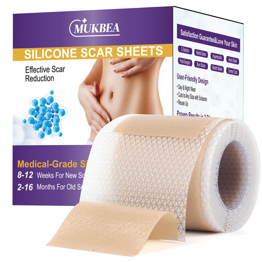 MUKBEA silicone scar sheets roll close-up shows moisture-locking material for scar care.