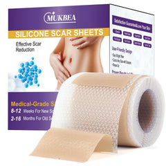 MUKBEA silicone scar sheets roll close-up shows moisture-locking material for scar care.