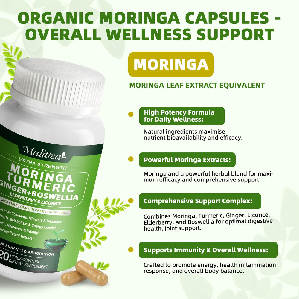 Mulittea Moringa capsules close-up highlighting vegan capsules and plant-based nutrients.
