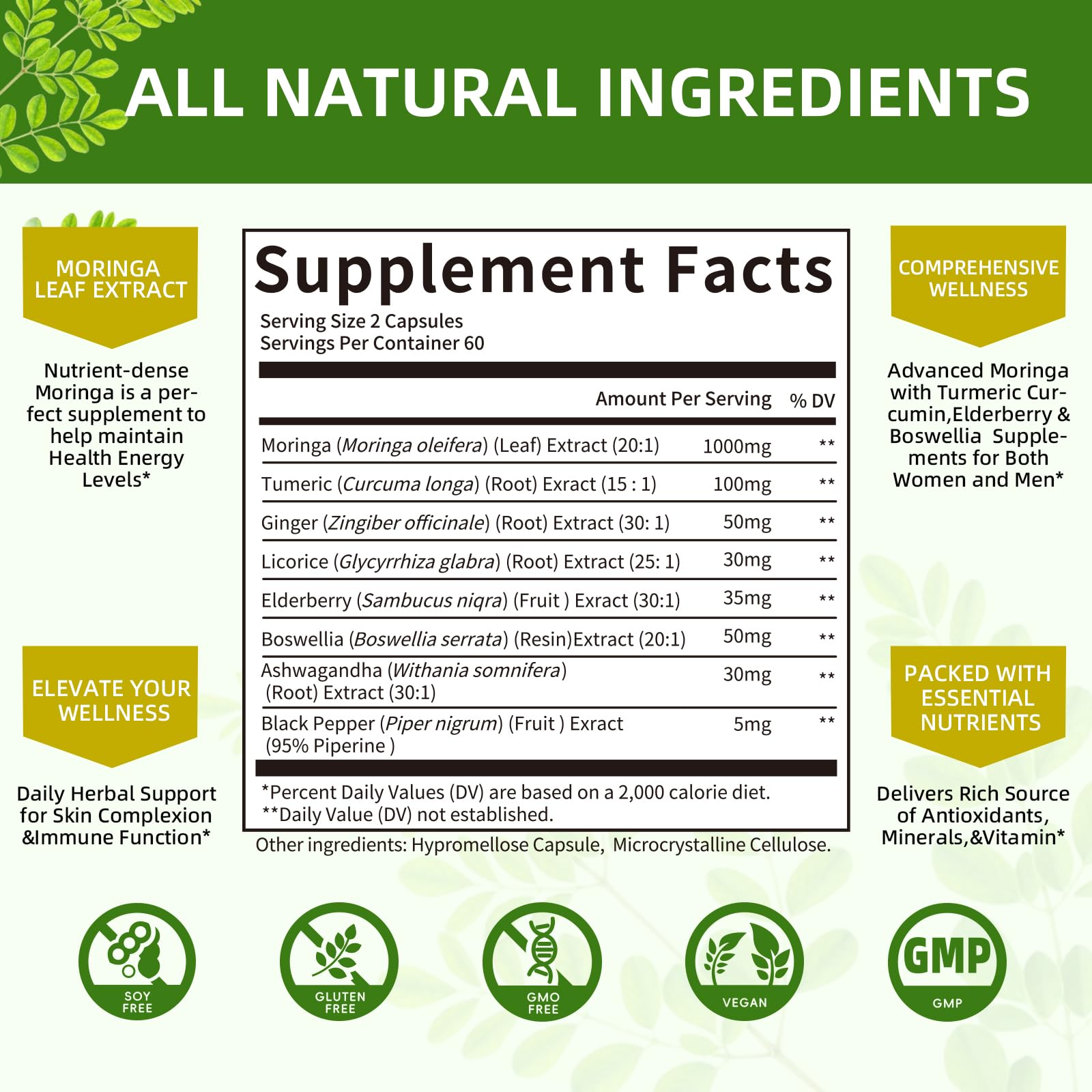 Mulittea moringa leaf extract visual highlighting natural plant nutrition.