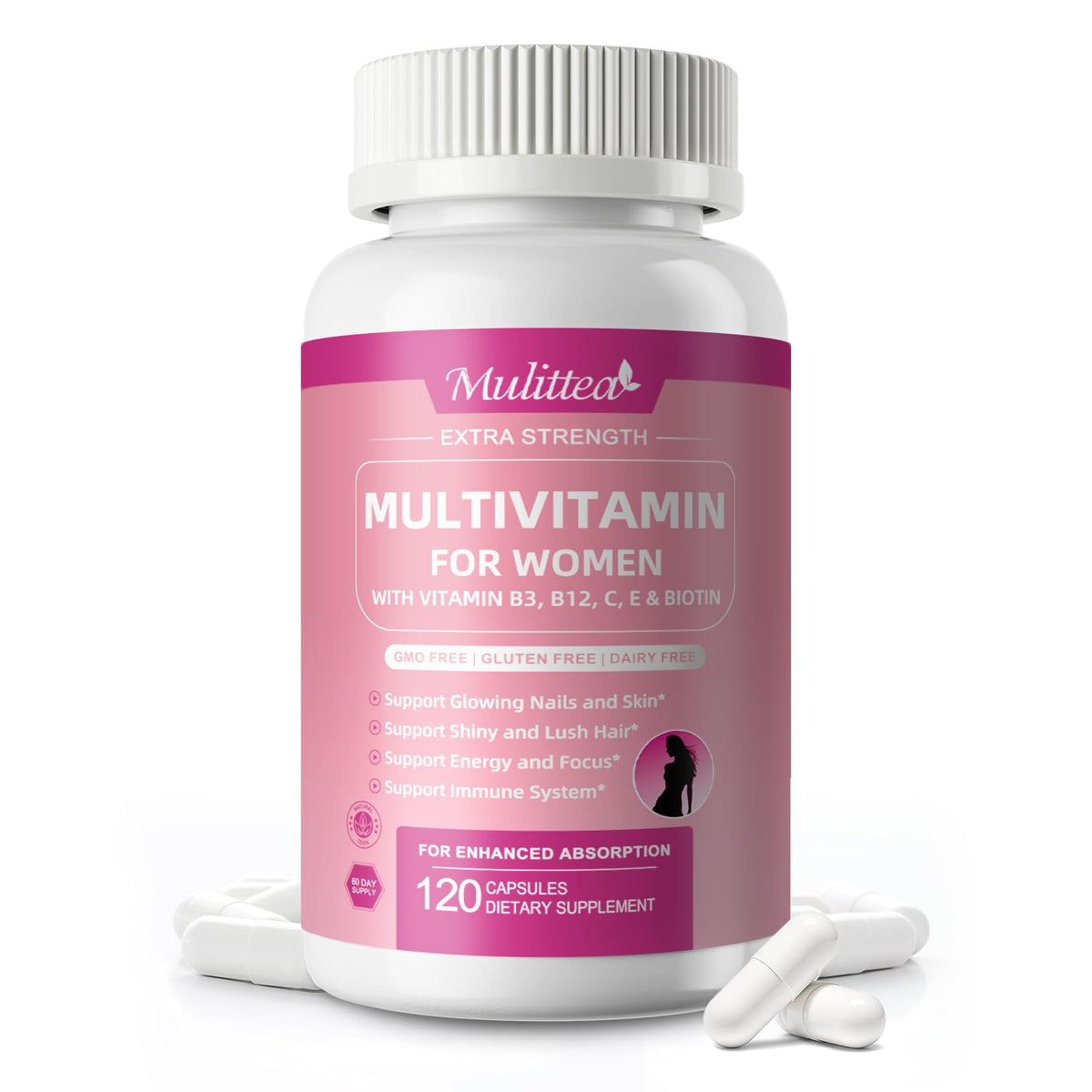 Mulittea Women Multivitamin bottle on white background