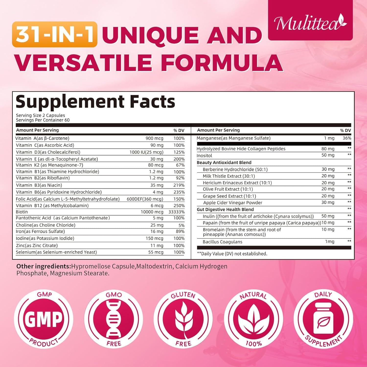 Mulittea Women's Multivitamin bottle - back view with label