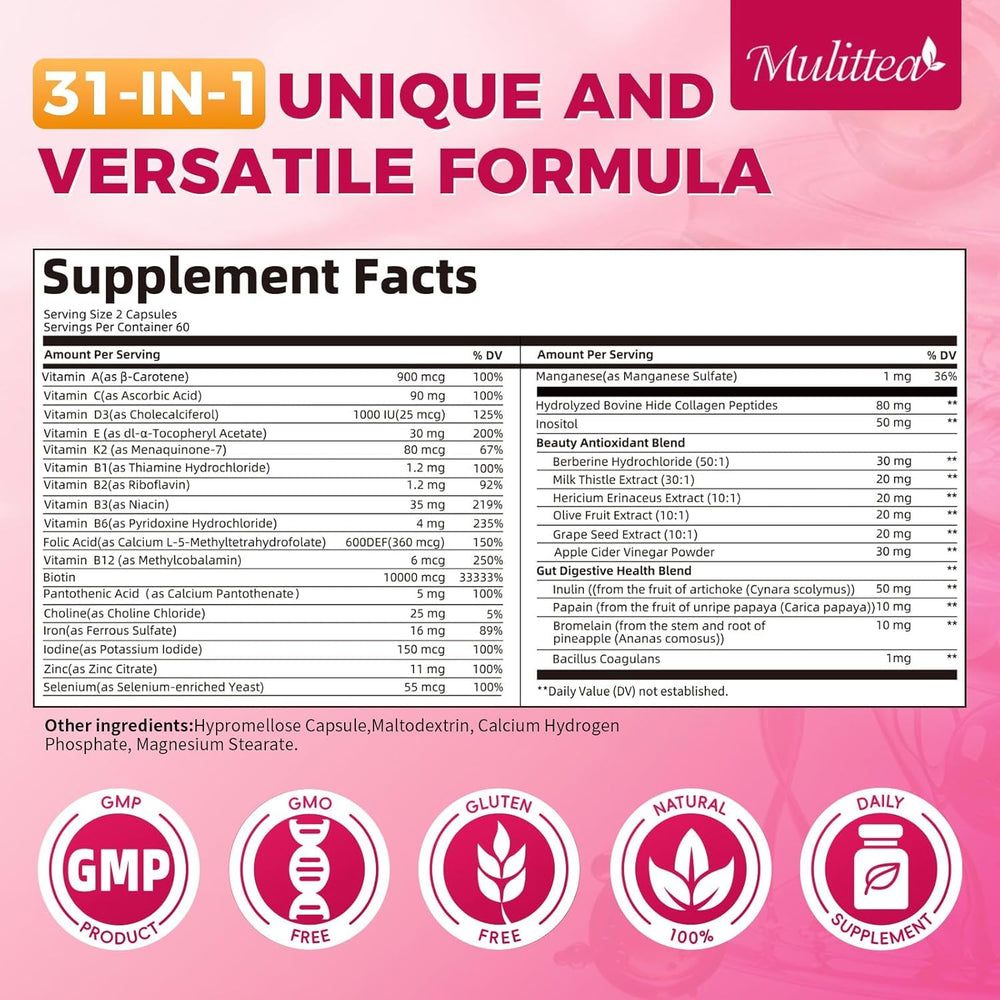 Mulittea Women's Multivitamin bottle - back view with label