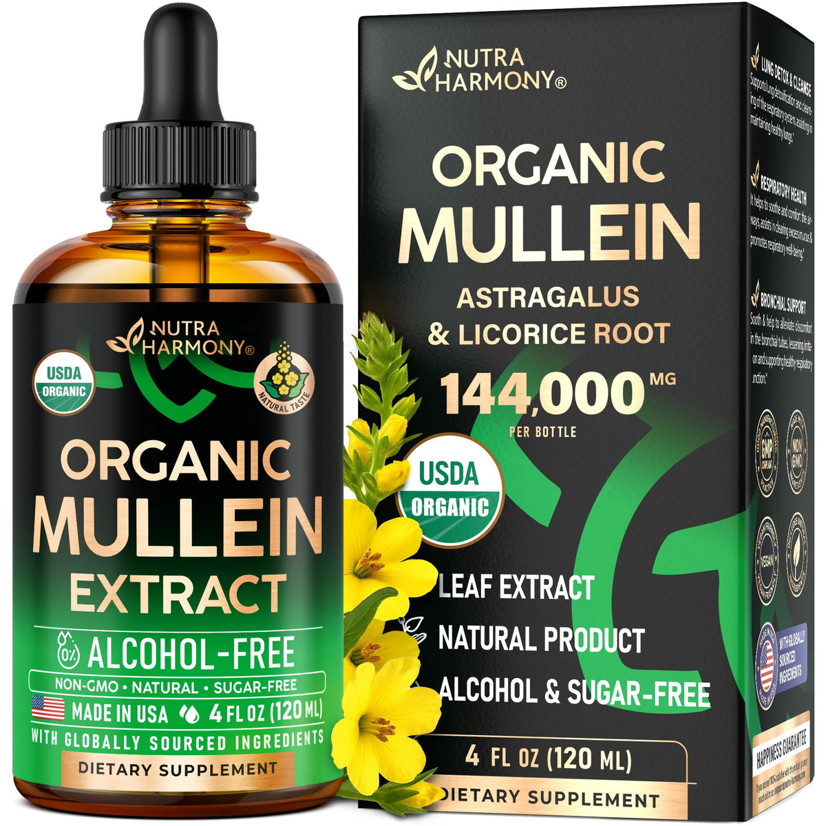 Mullein Drops bottle labeled USDA Organic, 4 oz size