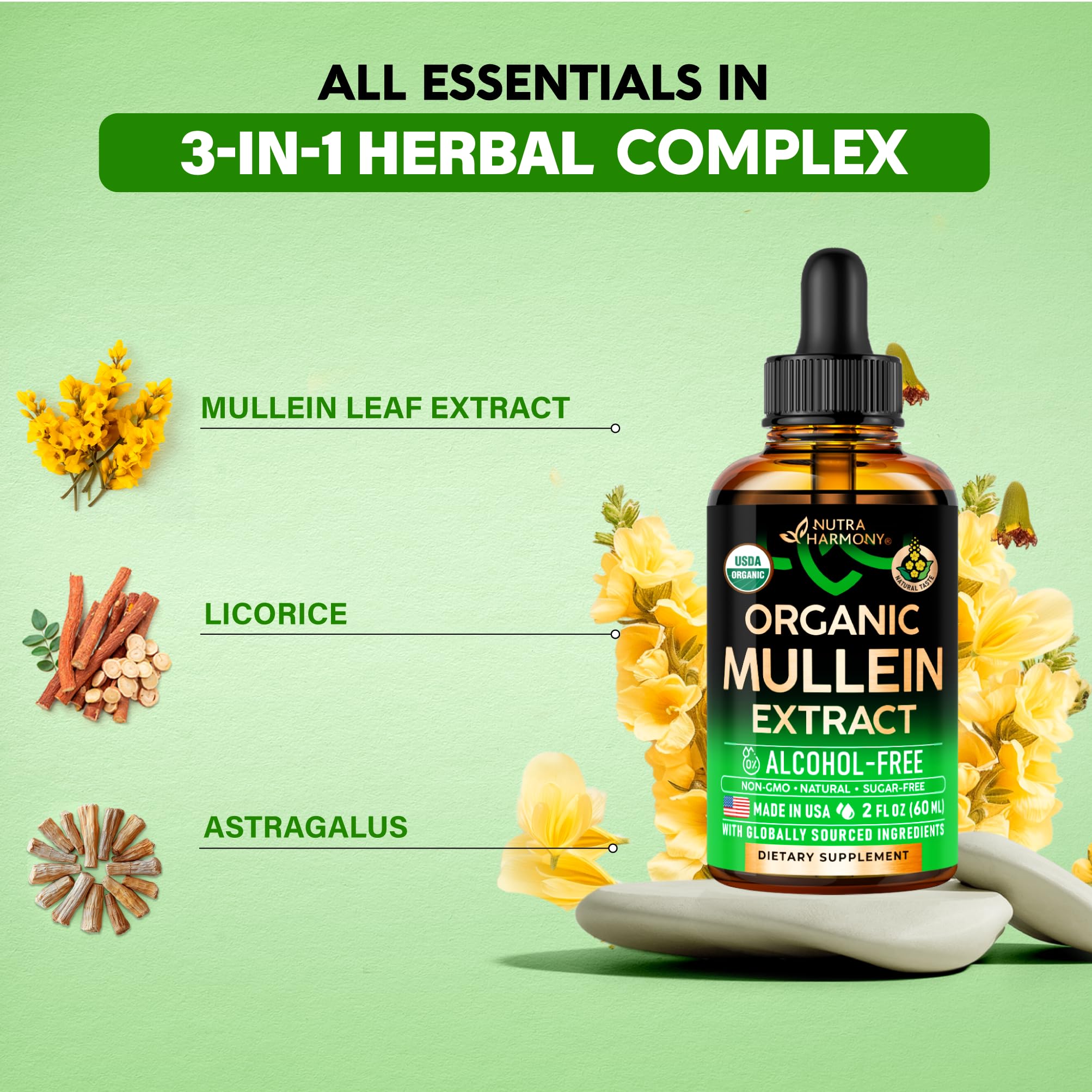 Lung health support product with mullein drops on a clean surface