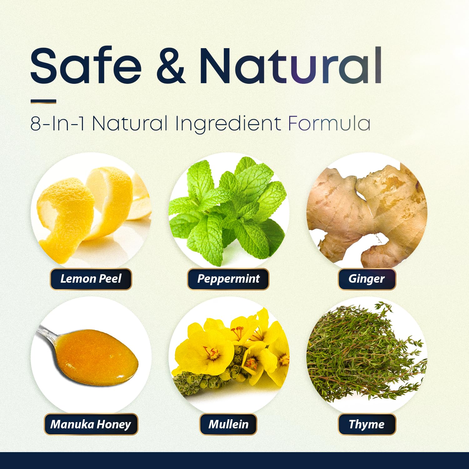 Graphic showing ingredients: peppermint, thyme, mullein leaf extract