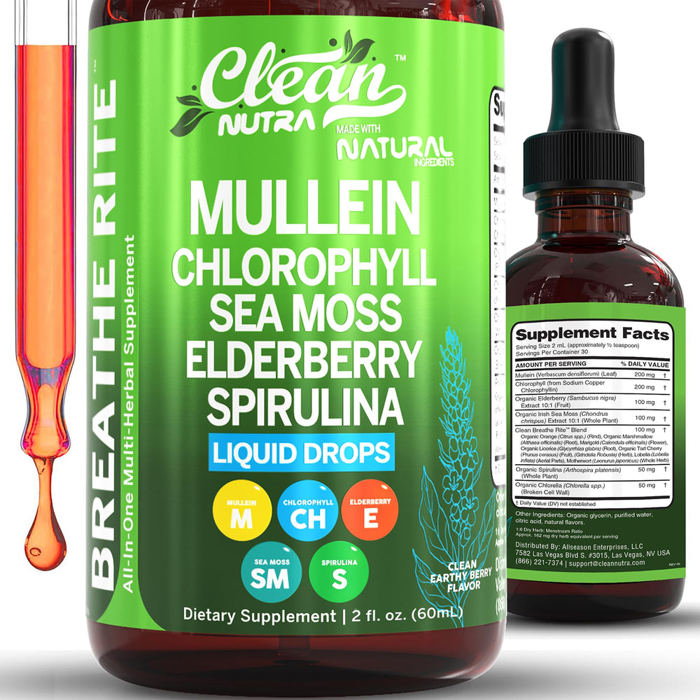 Bottle of Clean Nutra Mullein Drops for lungs with dropper