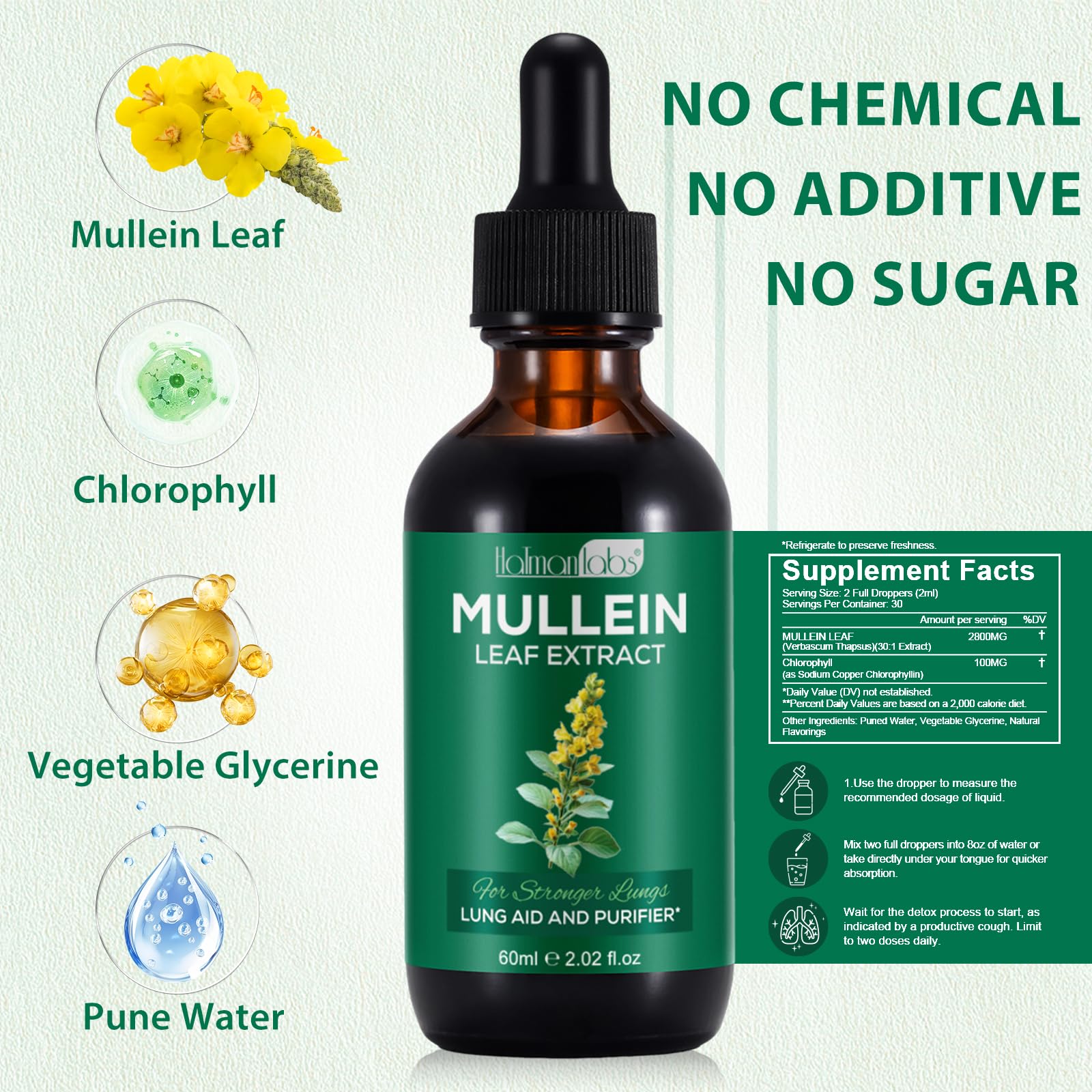 Close-up of mullein leaf extract bottle for lung health
