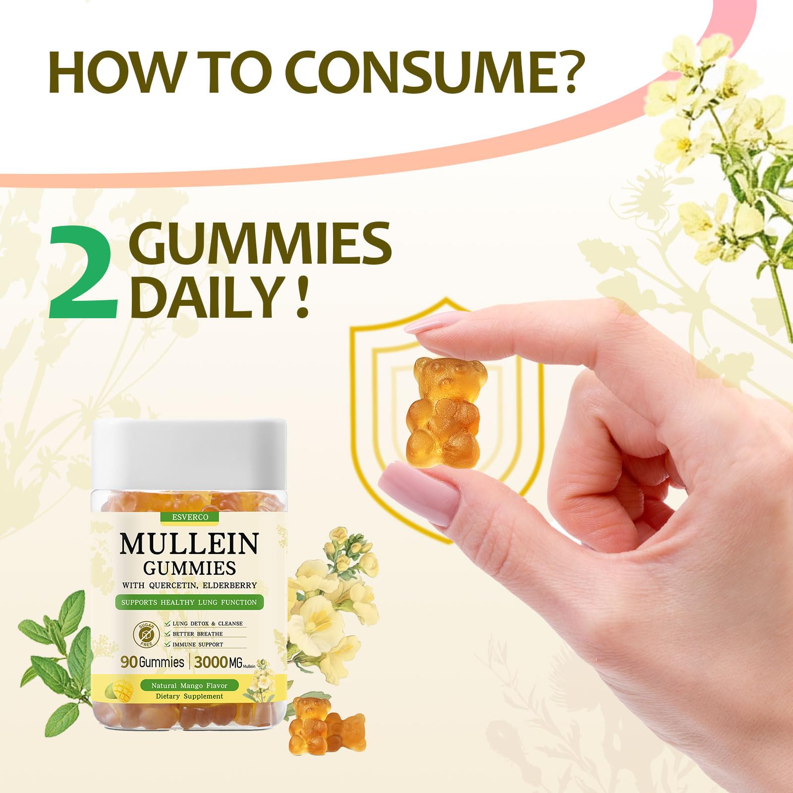 90-count bottle of ESVERCO Mullein Gummies