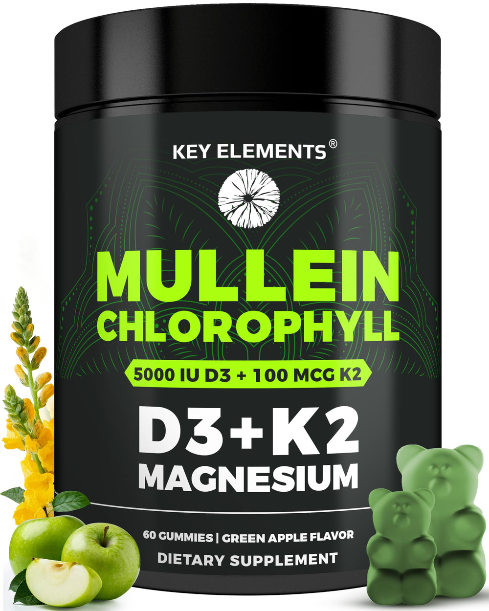 Bottle of Mullein Gummies with Chlorophyll D3 K2 and Magnesium