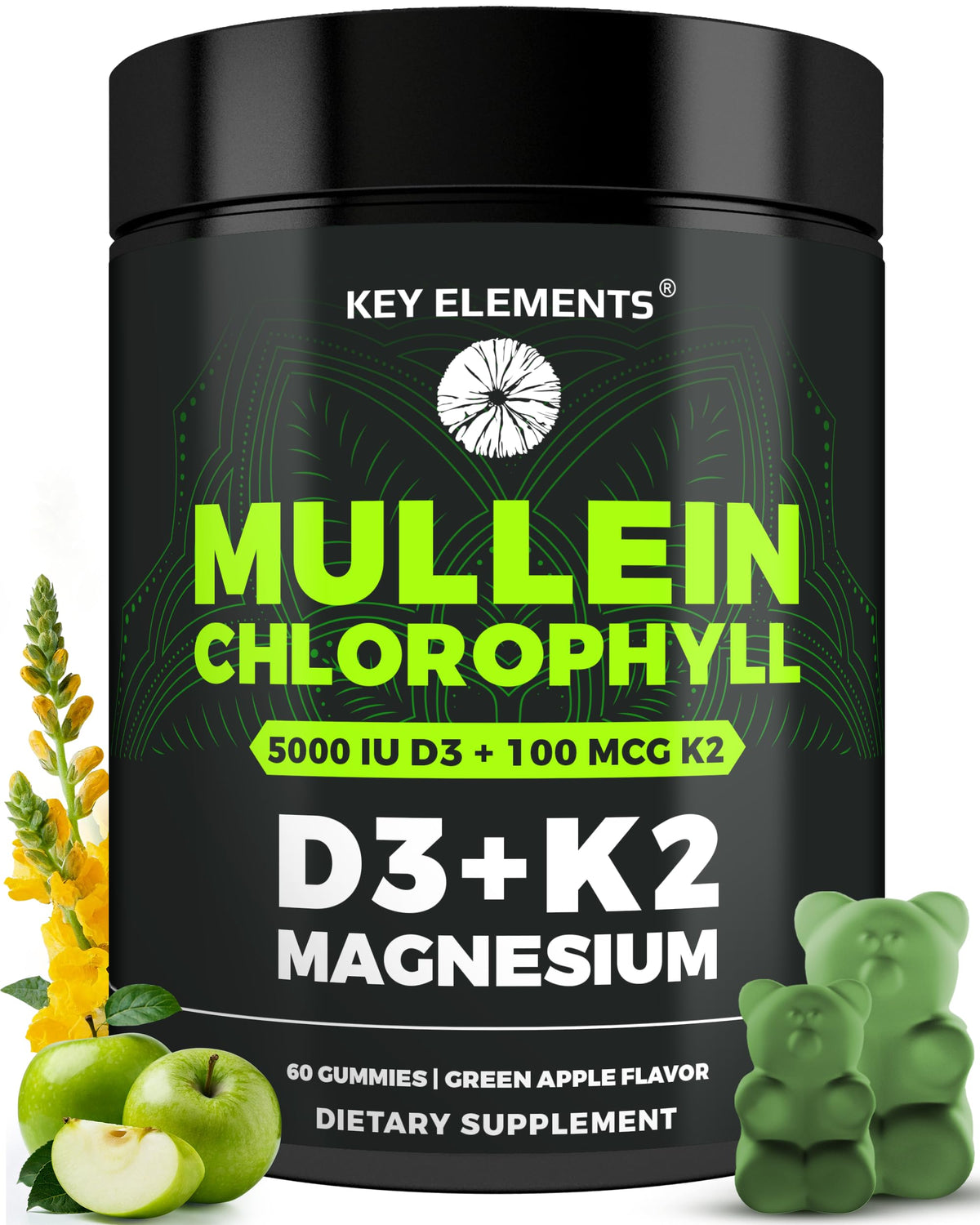 Bottle of Mullein Gummies with Chlorophyll D3 K2 and Magnesium