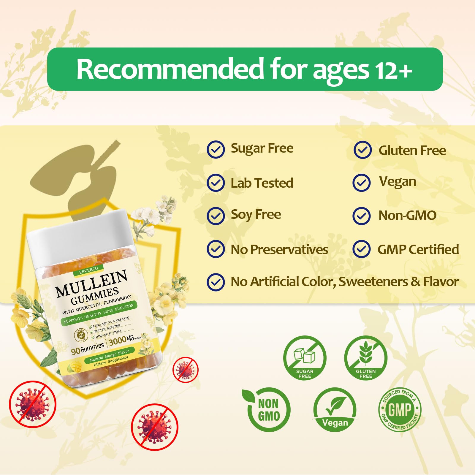 Ingredients included in Mullein Gummies: quercetin, elderberry, pine bark, bromelain, vitamin C and D3