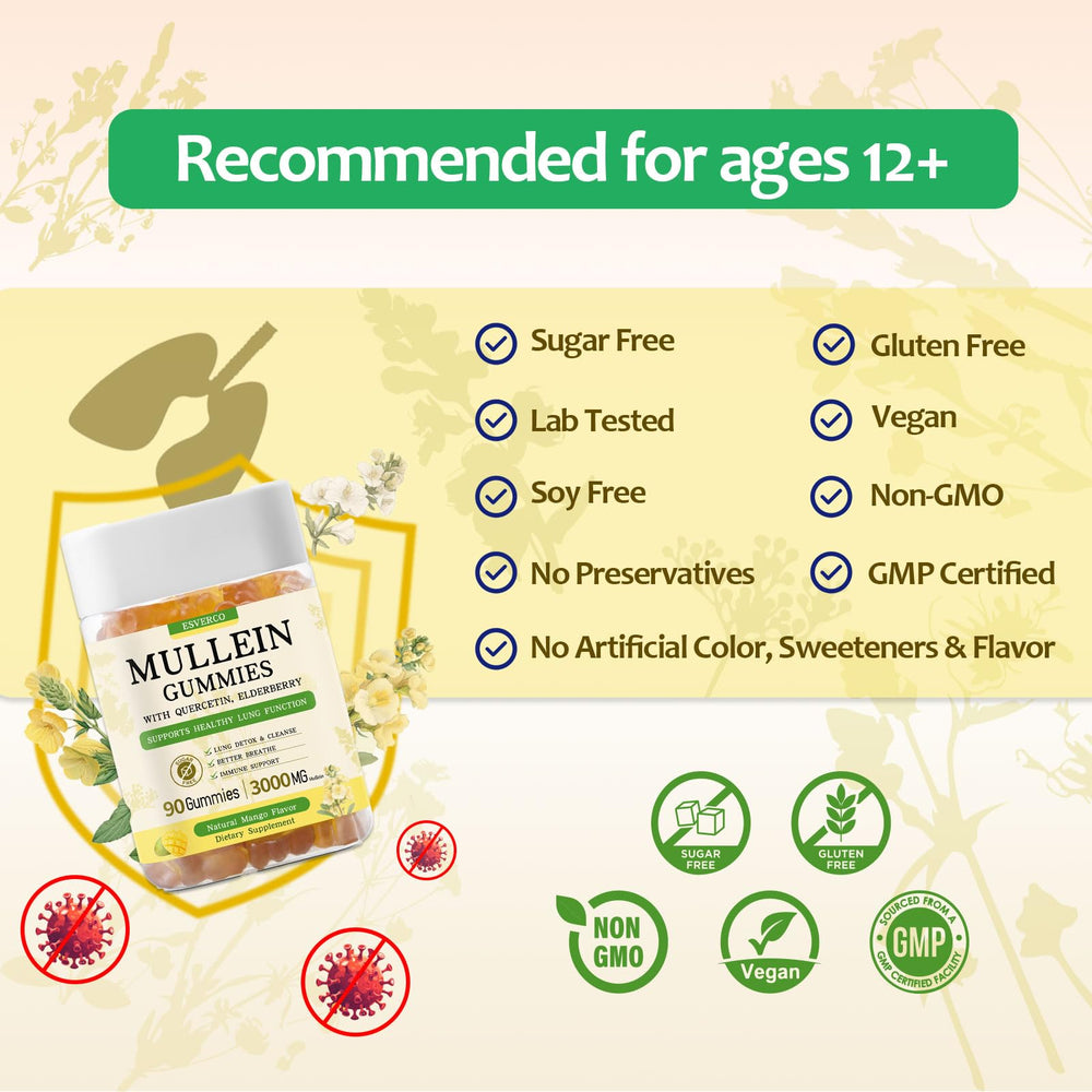 Ingredients included in Mullein Gummies: quercetin, elderberry, pine bark, bromelain, vitamin C and D3