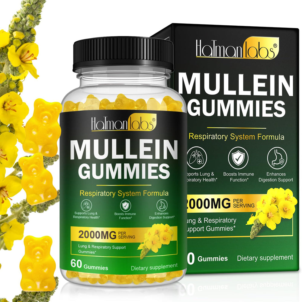 Bottle label featuring Mullein Gummies for Lungs with 2000 mg 50:1 extract