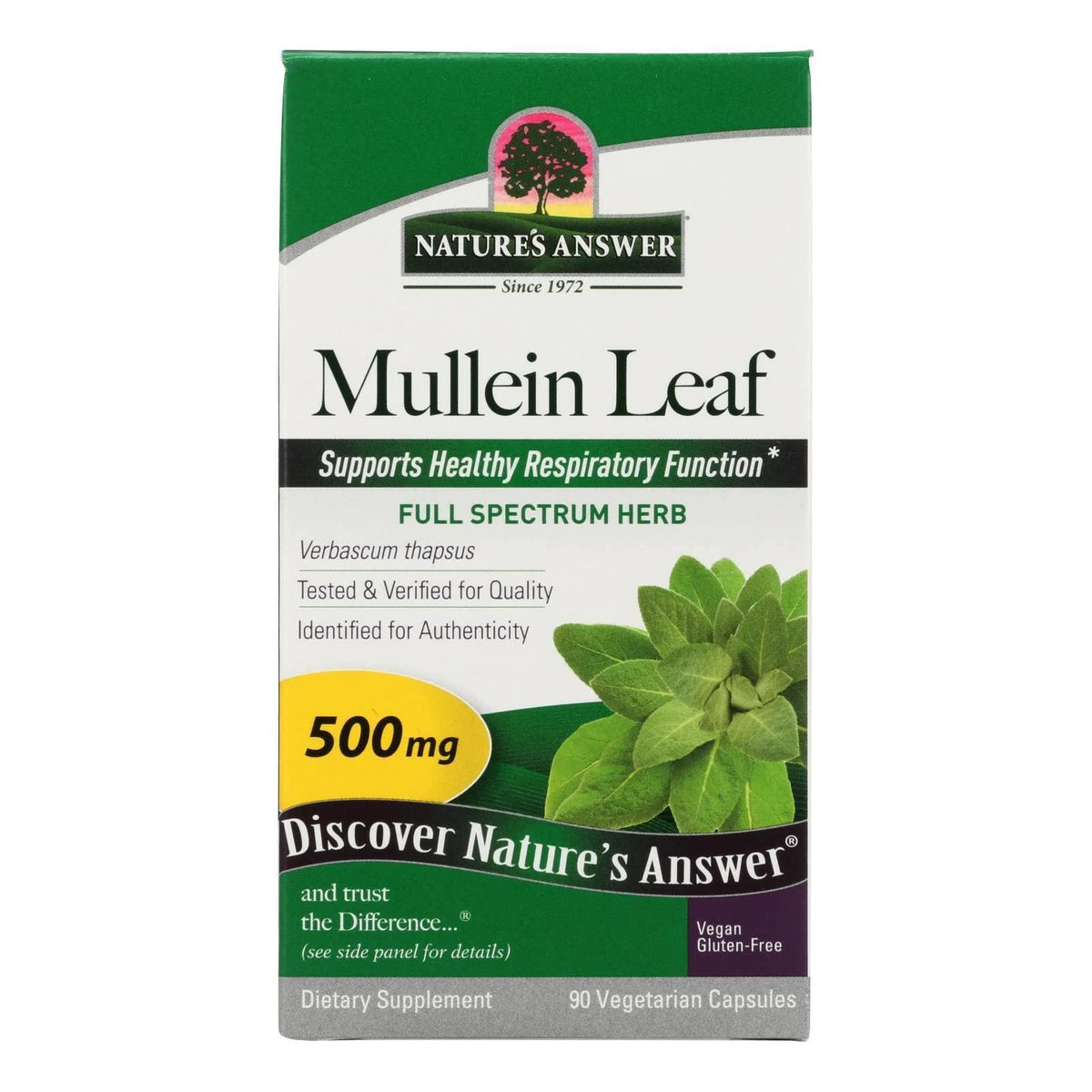 Bottle of Nature's Answer Mullein Leaf Capsules 90 – Alcohol Free, Vegetarian, Gluten Free (label visible)