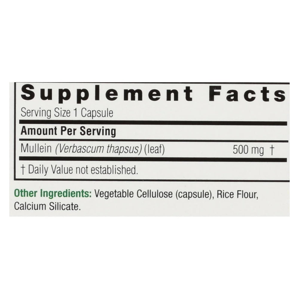 Close-up of Nature's Answer Mullein Leaf Capsules 90 bottle showing label and capsules
