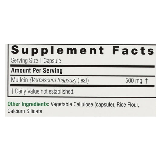 Close-up of Nature's Answer Mullein Leaf Capsules 90 bottle showing label and capsules