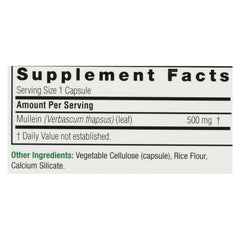 Close-up of Nature's Answer Mullein Leaf Capsules 90 bottle showing label and capsules