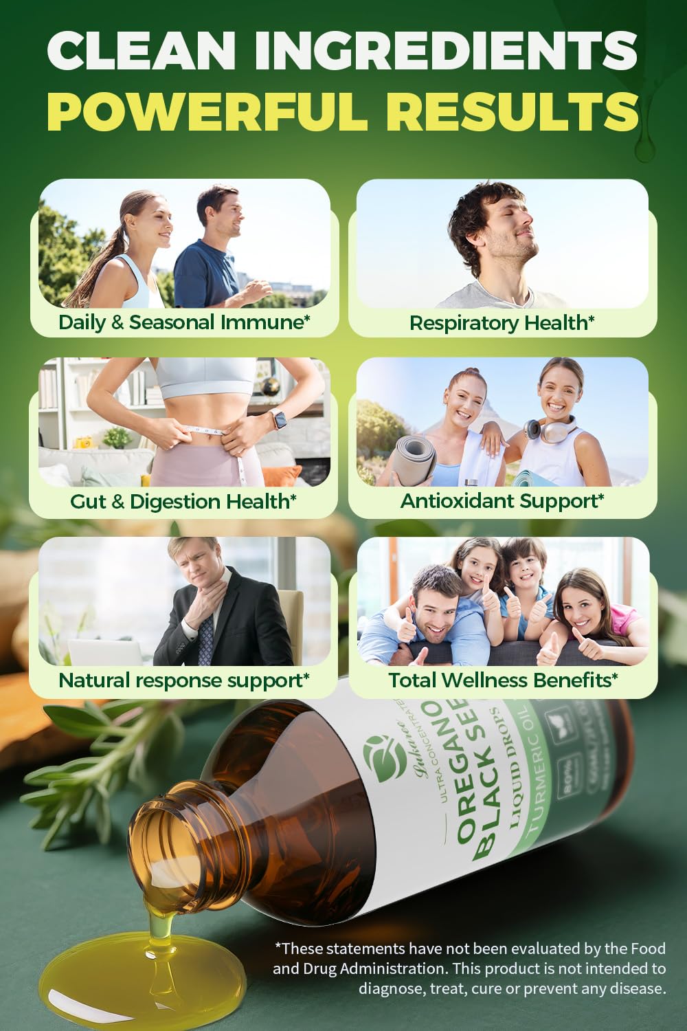 Oregano oil, black seed oil, turmeric oil, black pepper and vitamin E ingredients