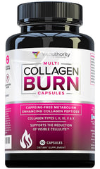 Multi Collagen Burn bottle with unflavored capsules on white background