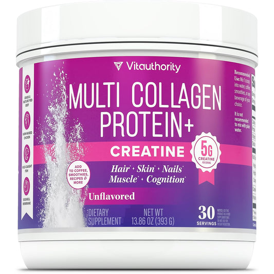 Vitauthority Multi Collagen Protein + Creatine product package with scoop