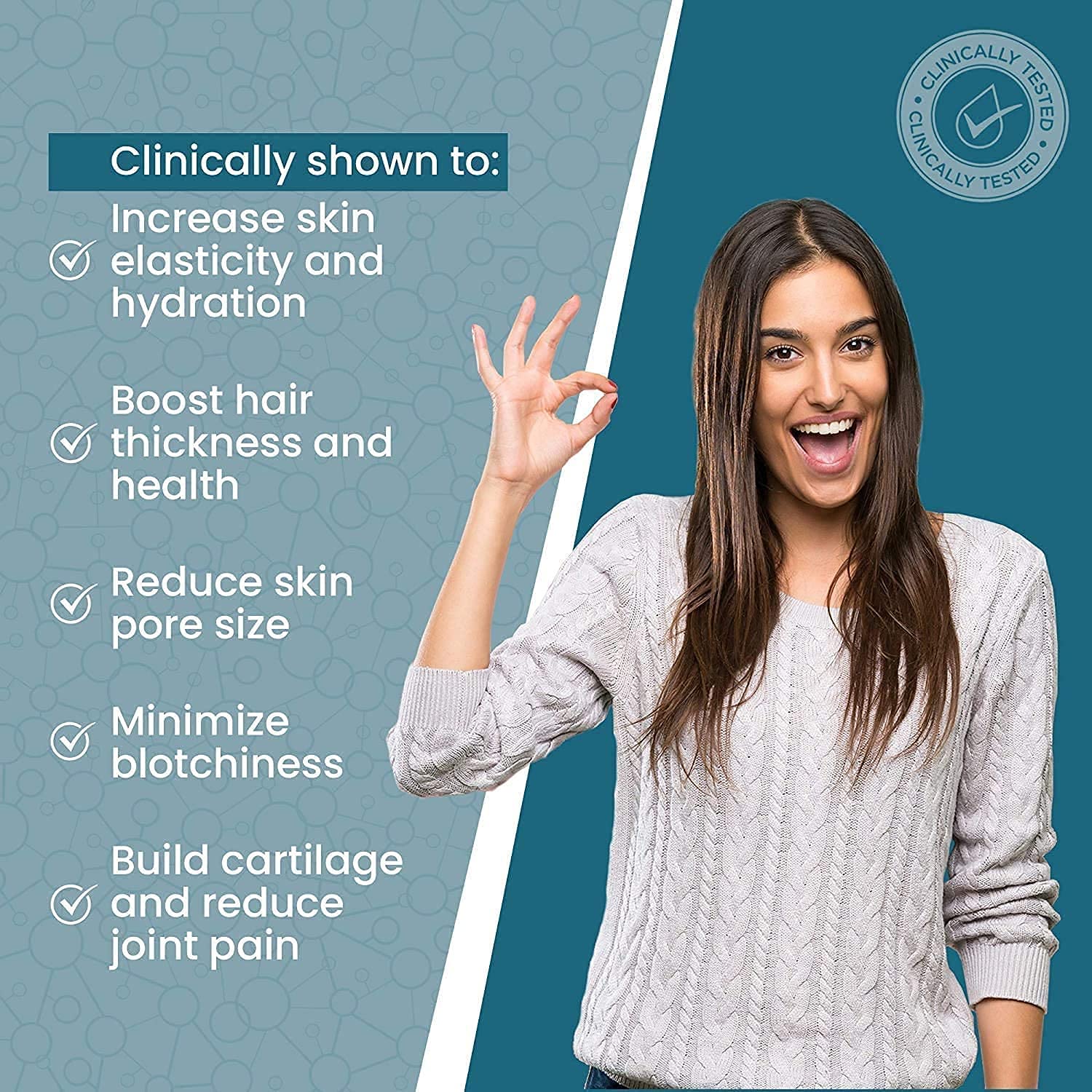 Label graphic highlighting Types I, II, III, V & X collagen