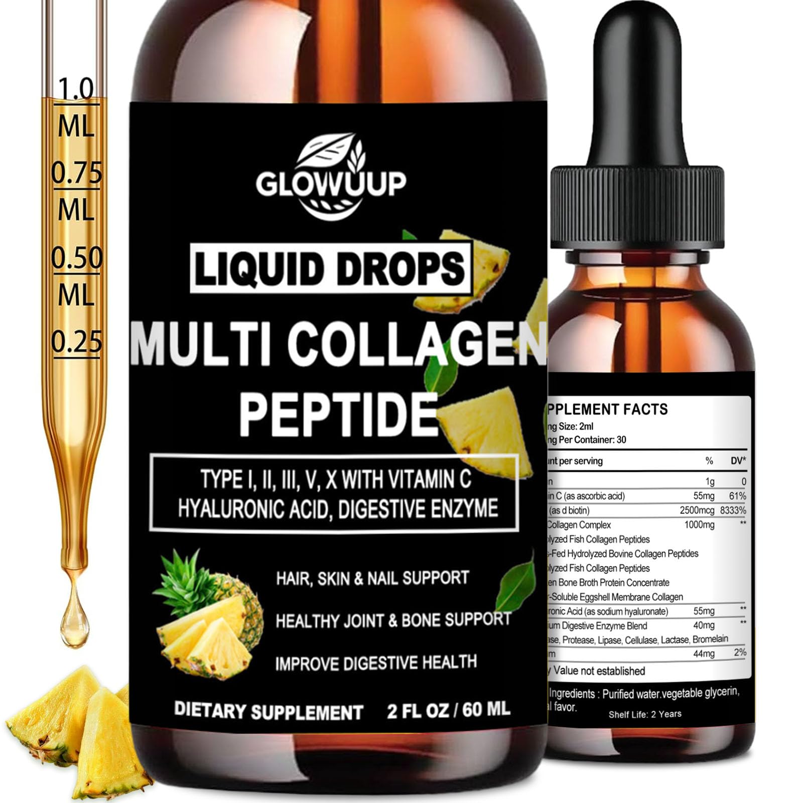Front label of GLOVVUUP Multi Collagen Peptides Liquid Drops bottle