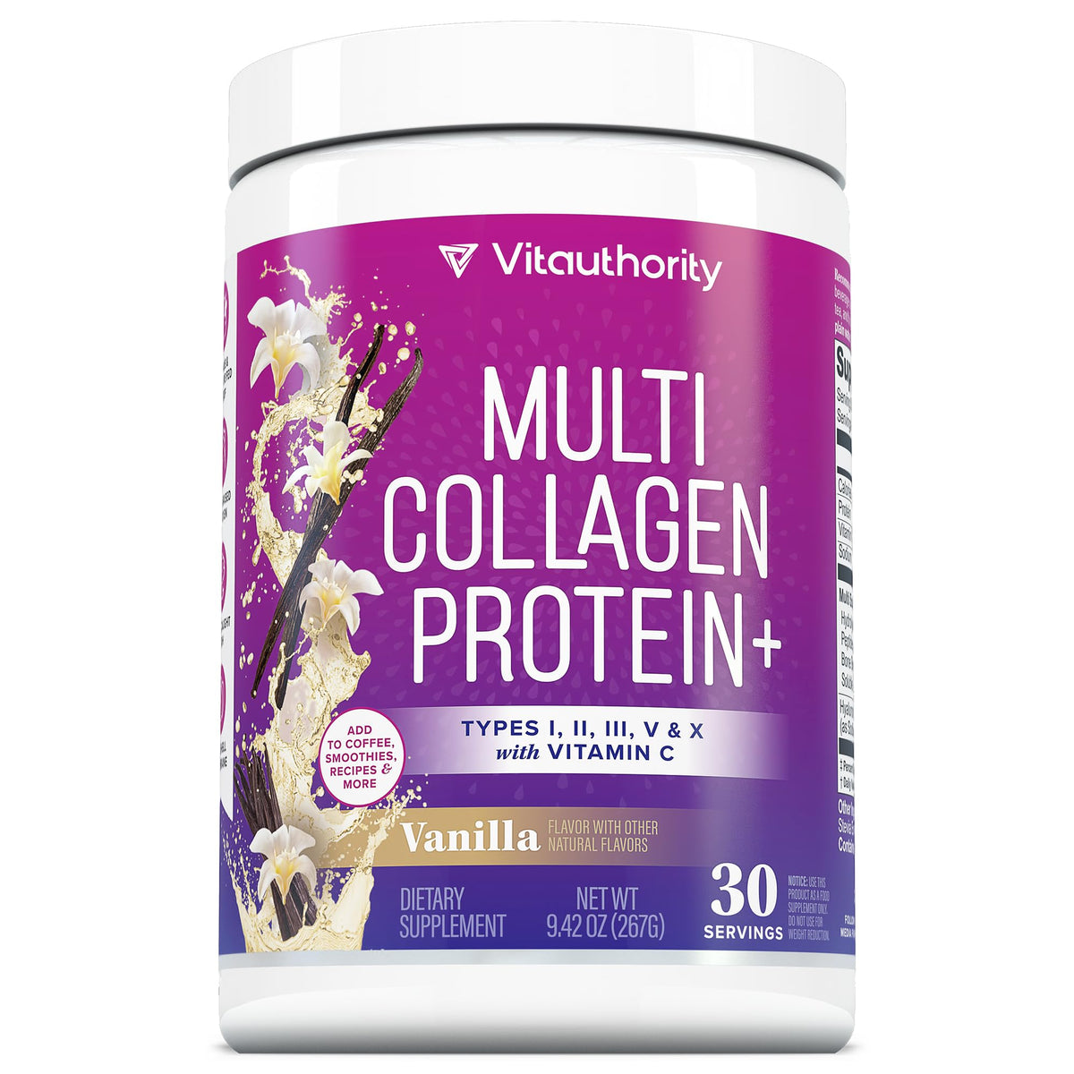 Front view of Vitauthority Multi Collagen Peptides Powder for Women Vanilla bottle