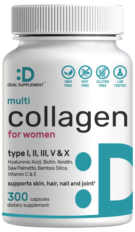 Front view of 300 capsule Multi Collagen supplement bottle