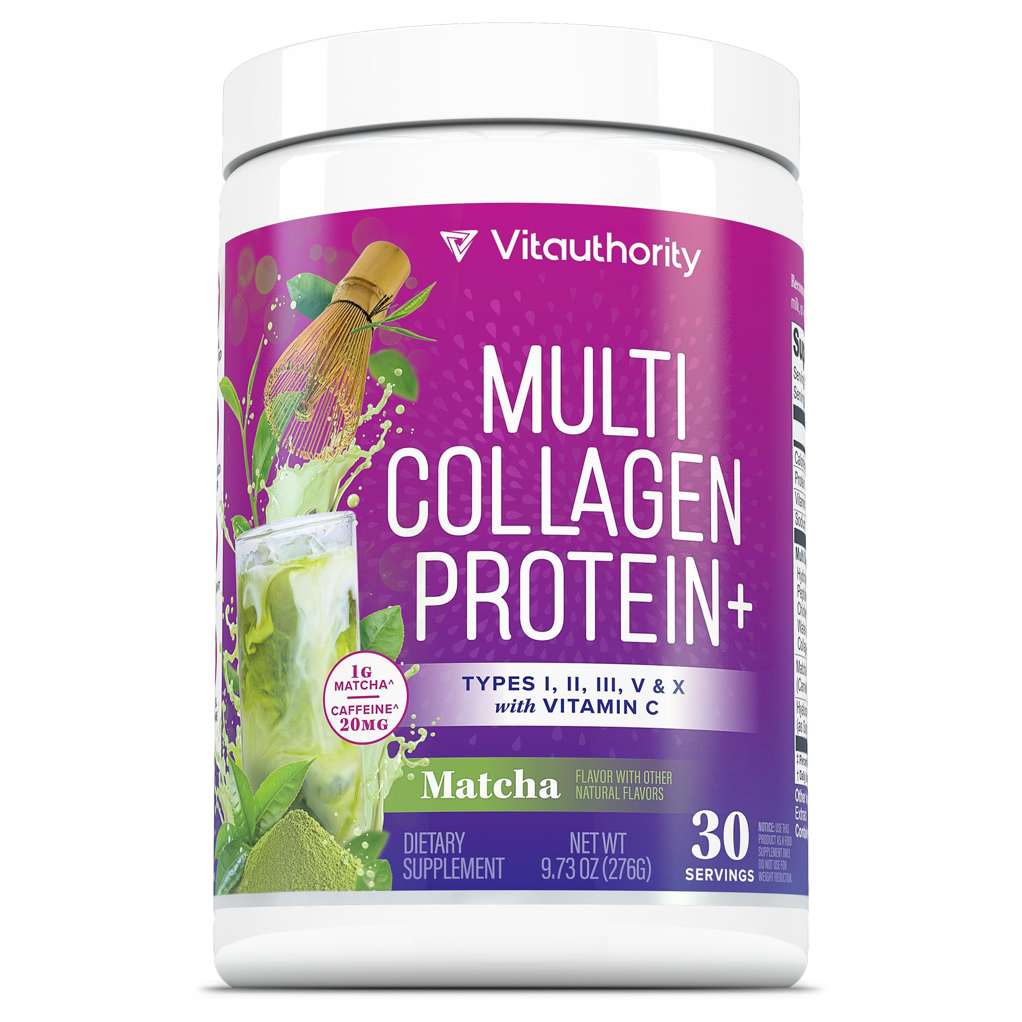 Front view of Vitauthority Multi Collagen Powder tub with Matcha flavor