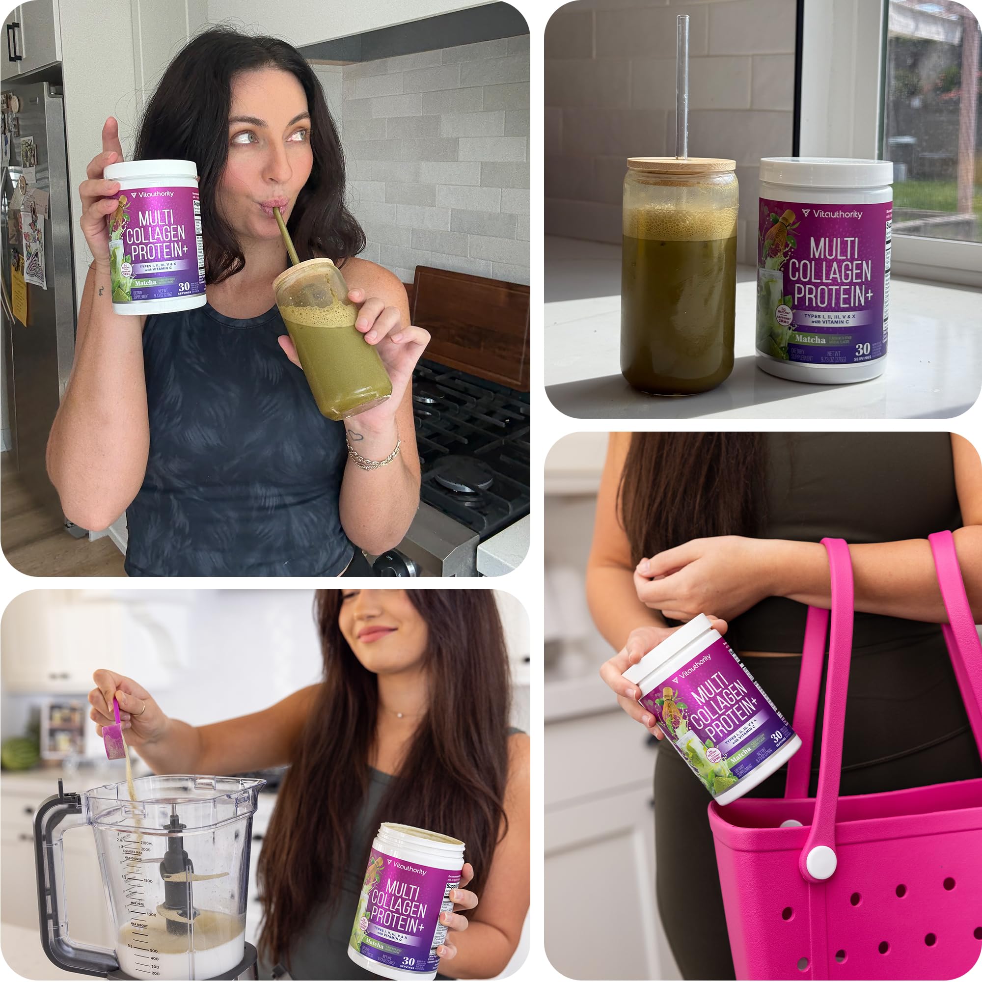 Product tub with scoop showing Matcha flavor Multi Collagen Powder for Women