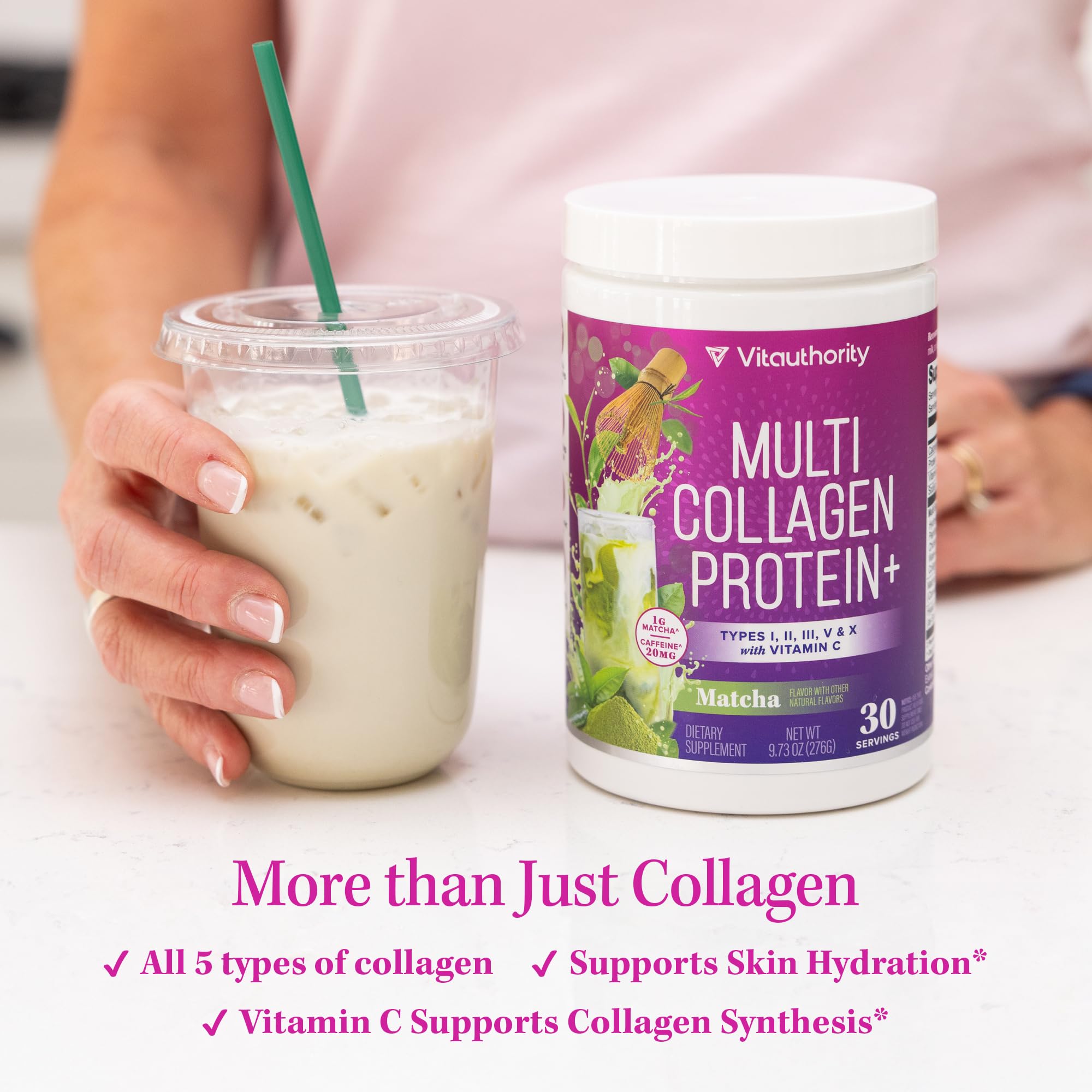 Serving suggestions and mixing directions for Matcha flavored collagen powder
