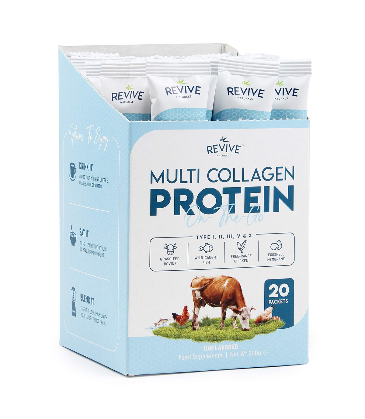 Front view of Multi Collagen Protein Powder Packets with branding