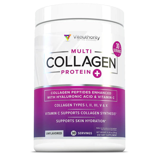 Bottle of hydrolyzed collagen powder for women showing Types I, II, III, V and X