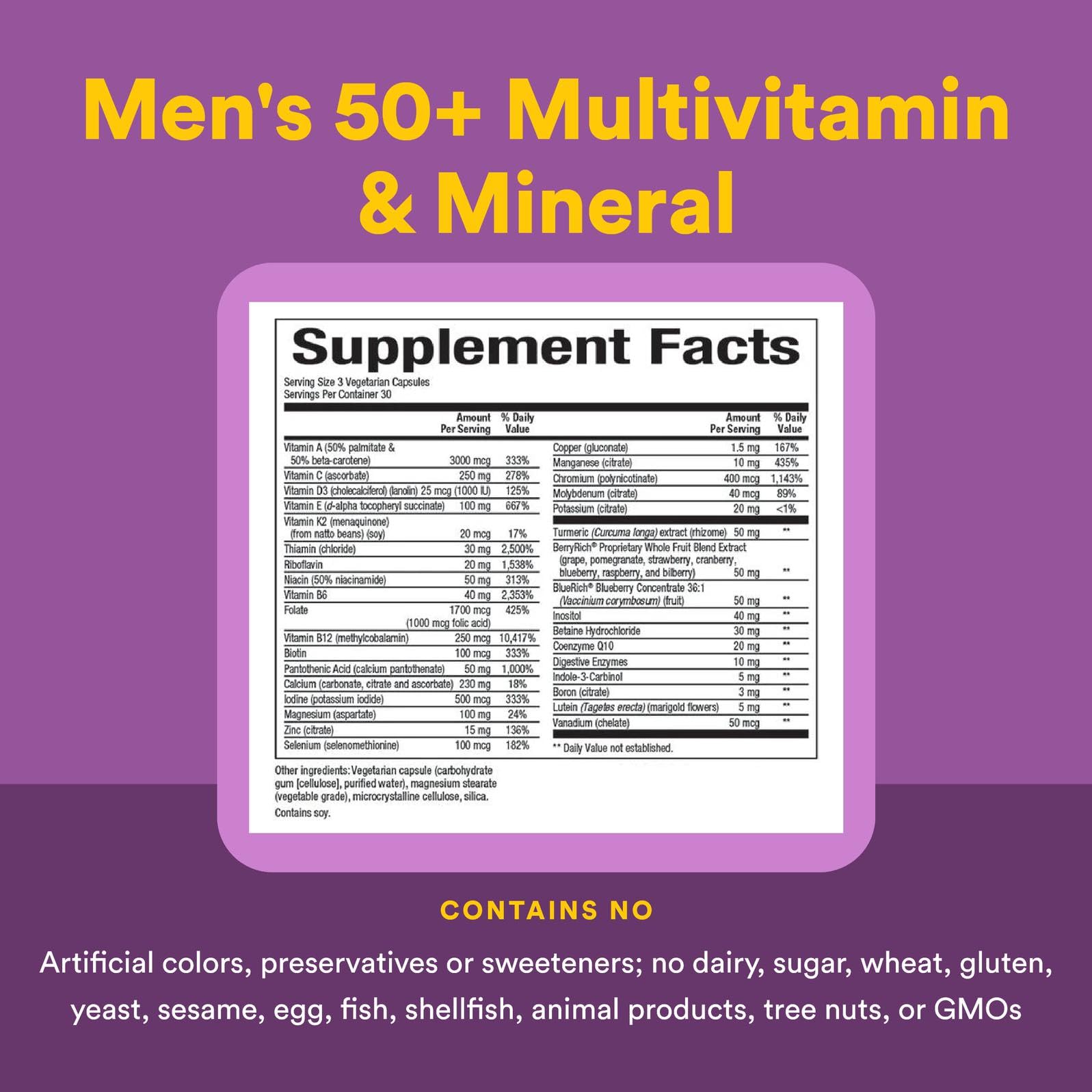 Three easy-to-swallow capsules from MultiFactors Women's 50+ bottle