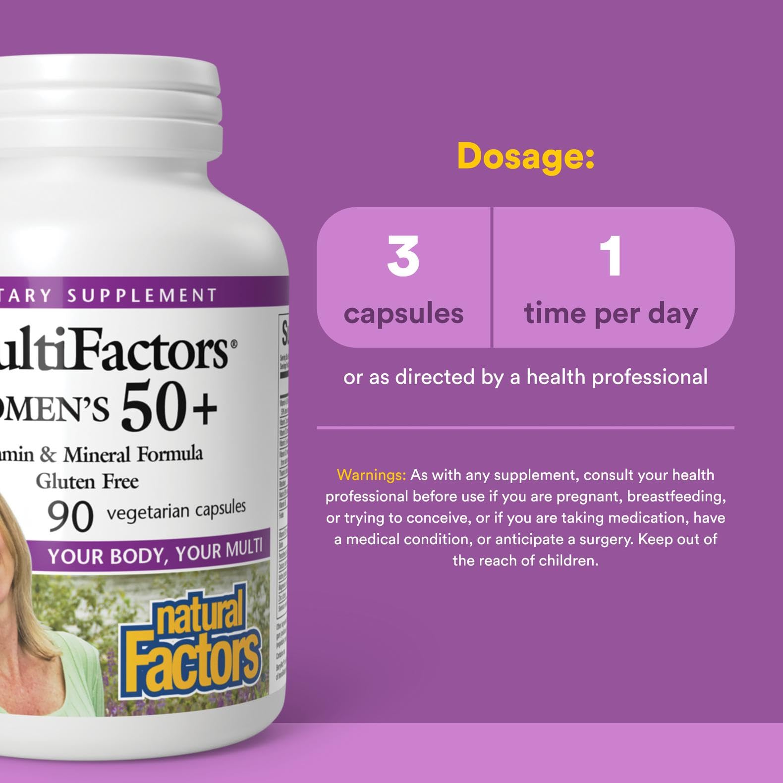 Illustration showing 35+ essential nutrients in MultiFactors Women's 50+ formula
