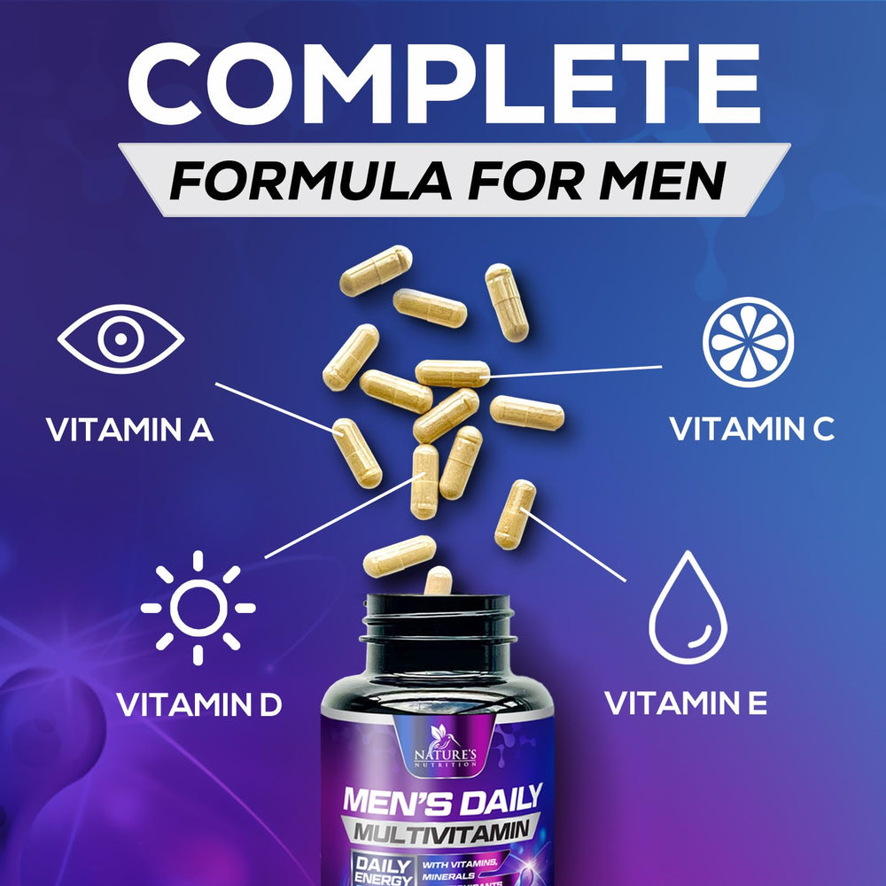 Side view of the men’s multivitamin bottle on a white backdrop