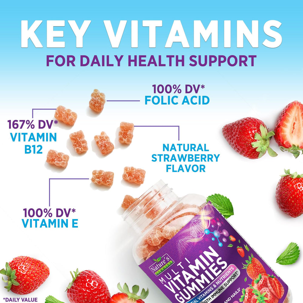 Fruits and gummy vitamins representing daily wellness