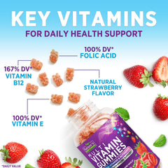 Fruits and gummy vitamins representing daily wellness
