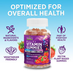 Packaging and label showing multivitamin gummies for adults
