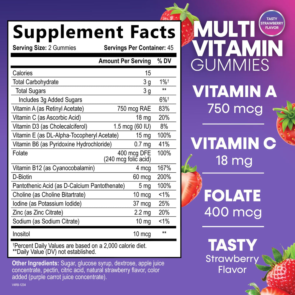 Berry-flavored adult multivitamin gummies close-up