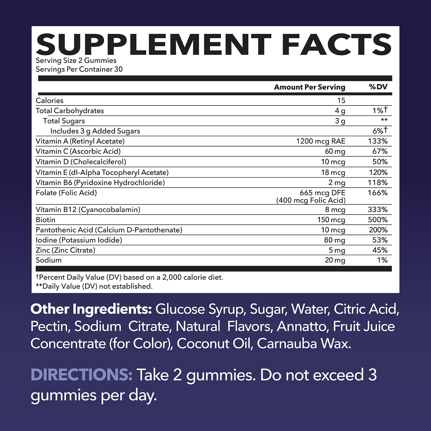 Back of bottle displaying supplement facts for adult multivitamin gummies