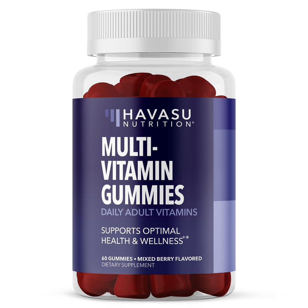 Front view of a bottle of adult multivitamin gummies in mixed berry flavor