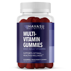 Front view of a bottle of adult multivitamin gummies in mixed berry flavor
