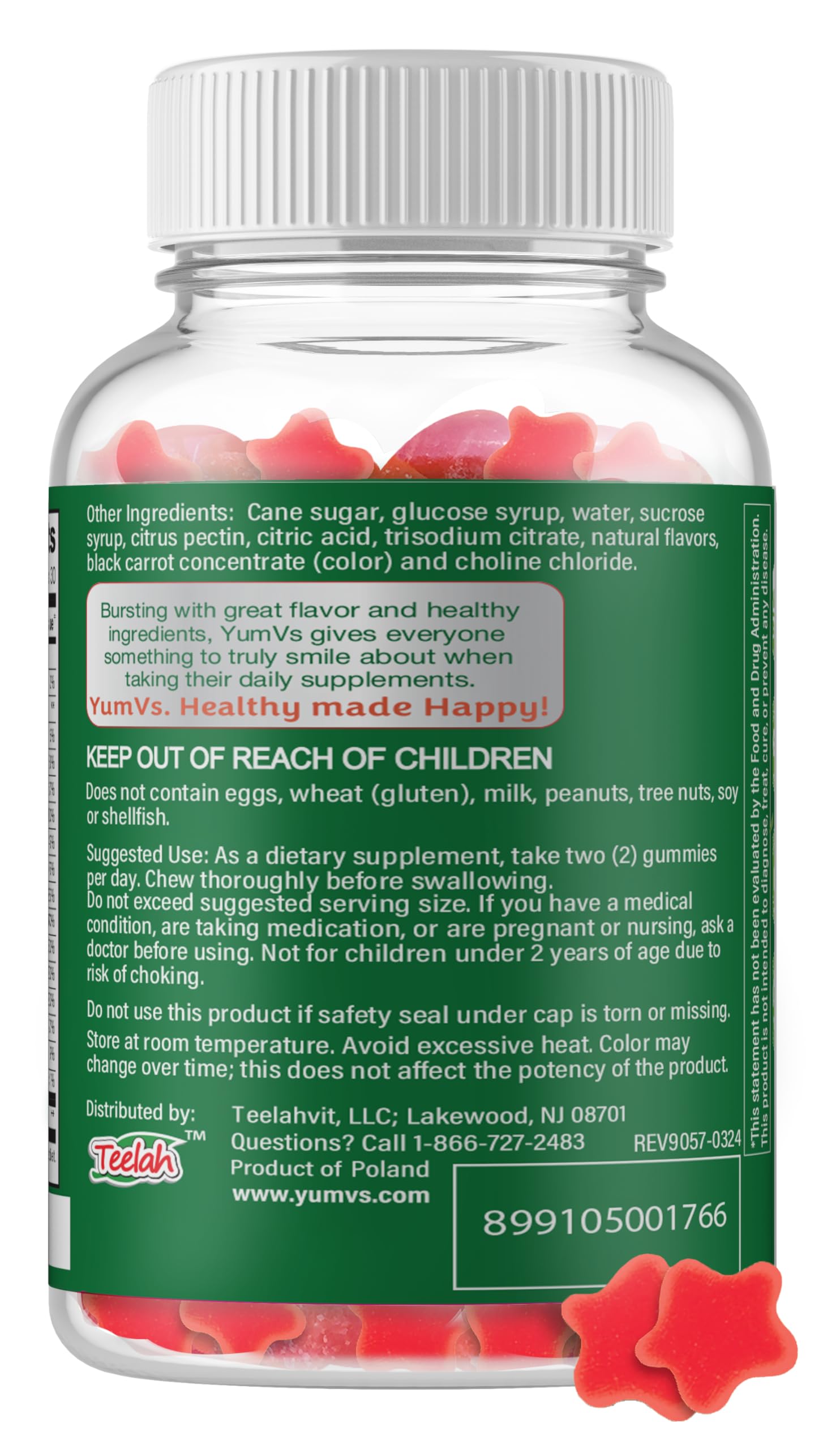 Nutrition highlights showing vitamins A, C, D, E, B6, B12 and Zinc