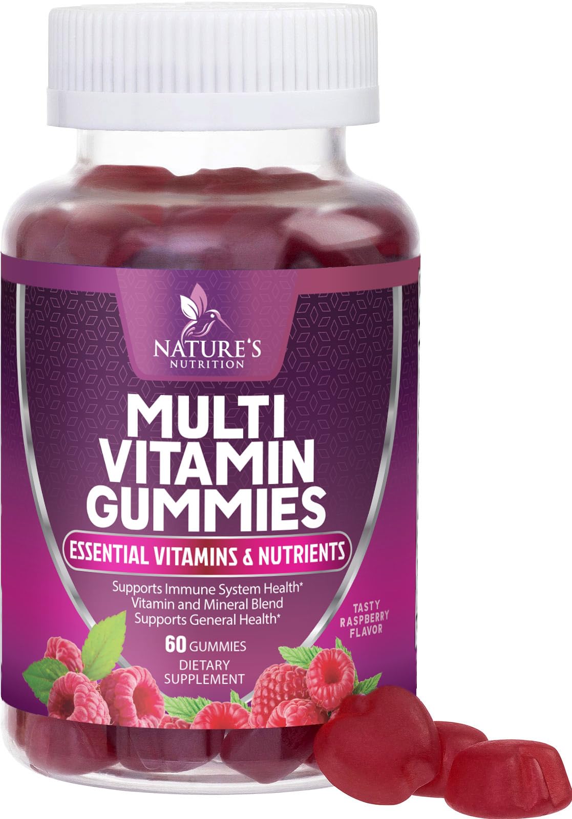 Bottle of adult multivitamin gummies with vitamins A, C, D and B12